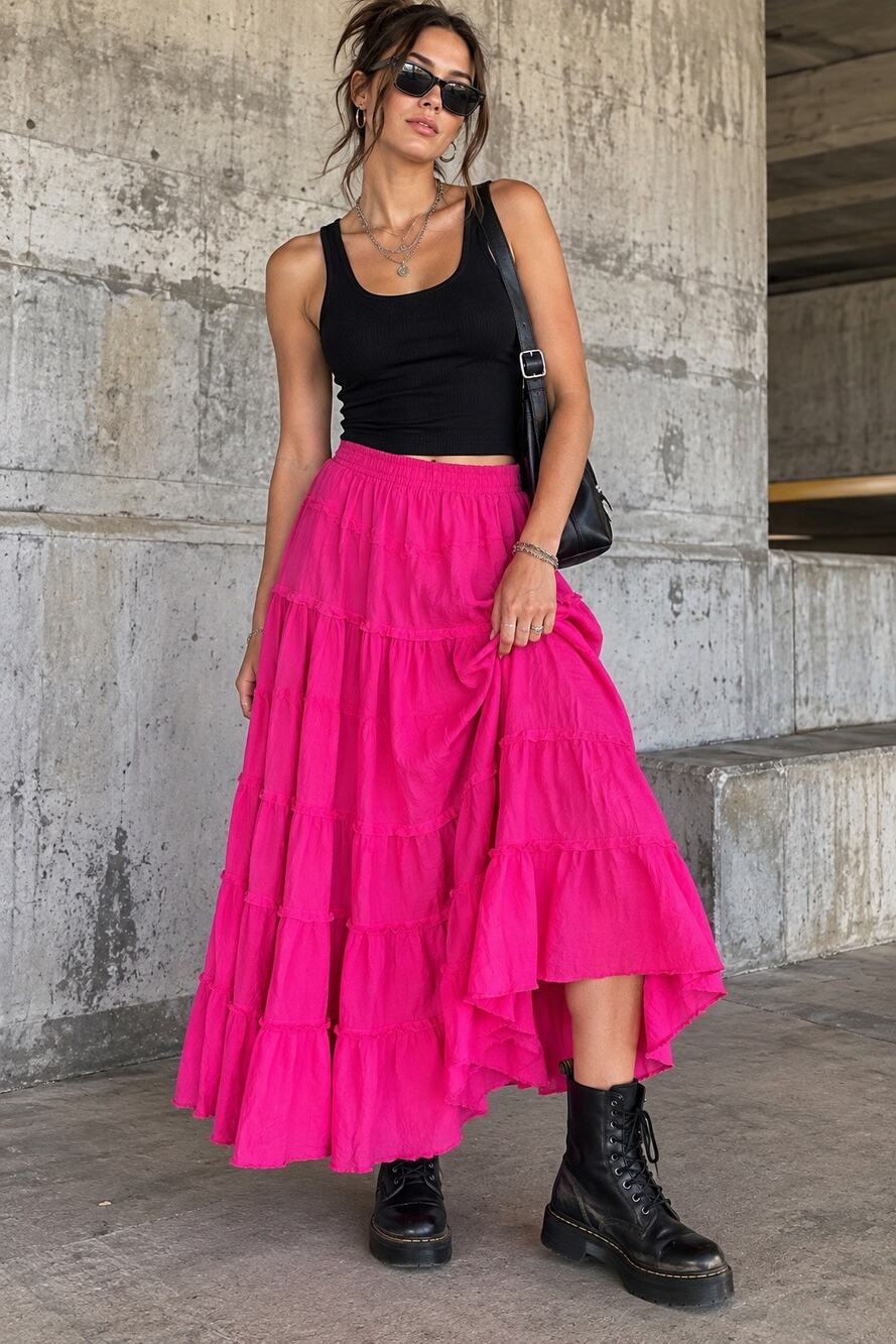 Cato Hot Pink Tiered Ruffle Boho Midi Maxi Skirt Size M